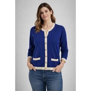 Samantha‎ Sung Blue Cream Cardigan Crop Sweater 100% Wool Preppy Womens Medium